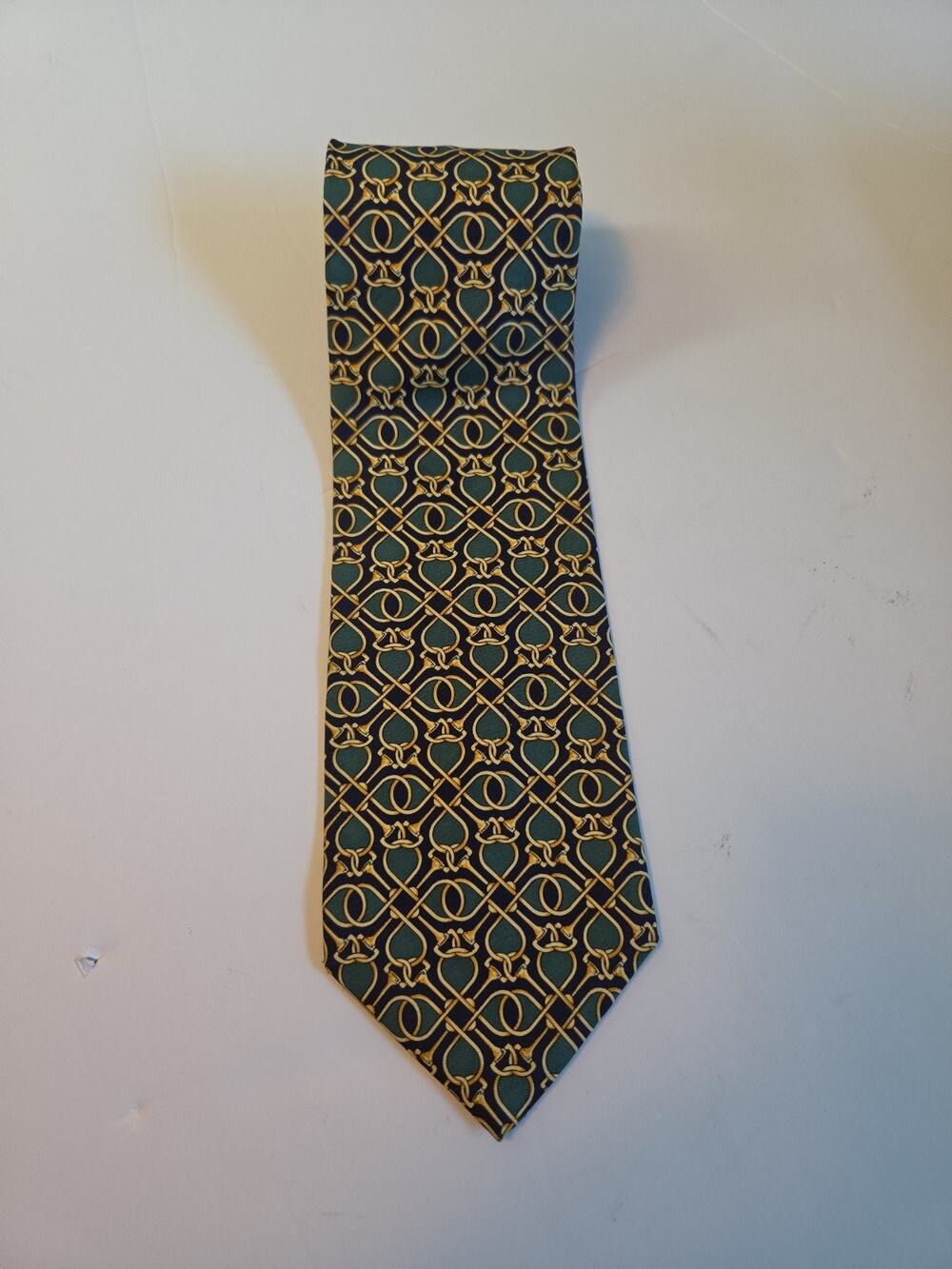Vtg Paolo Gucci Silk Tie Italy Green Gold Equestrian Horsebit Chain Link